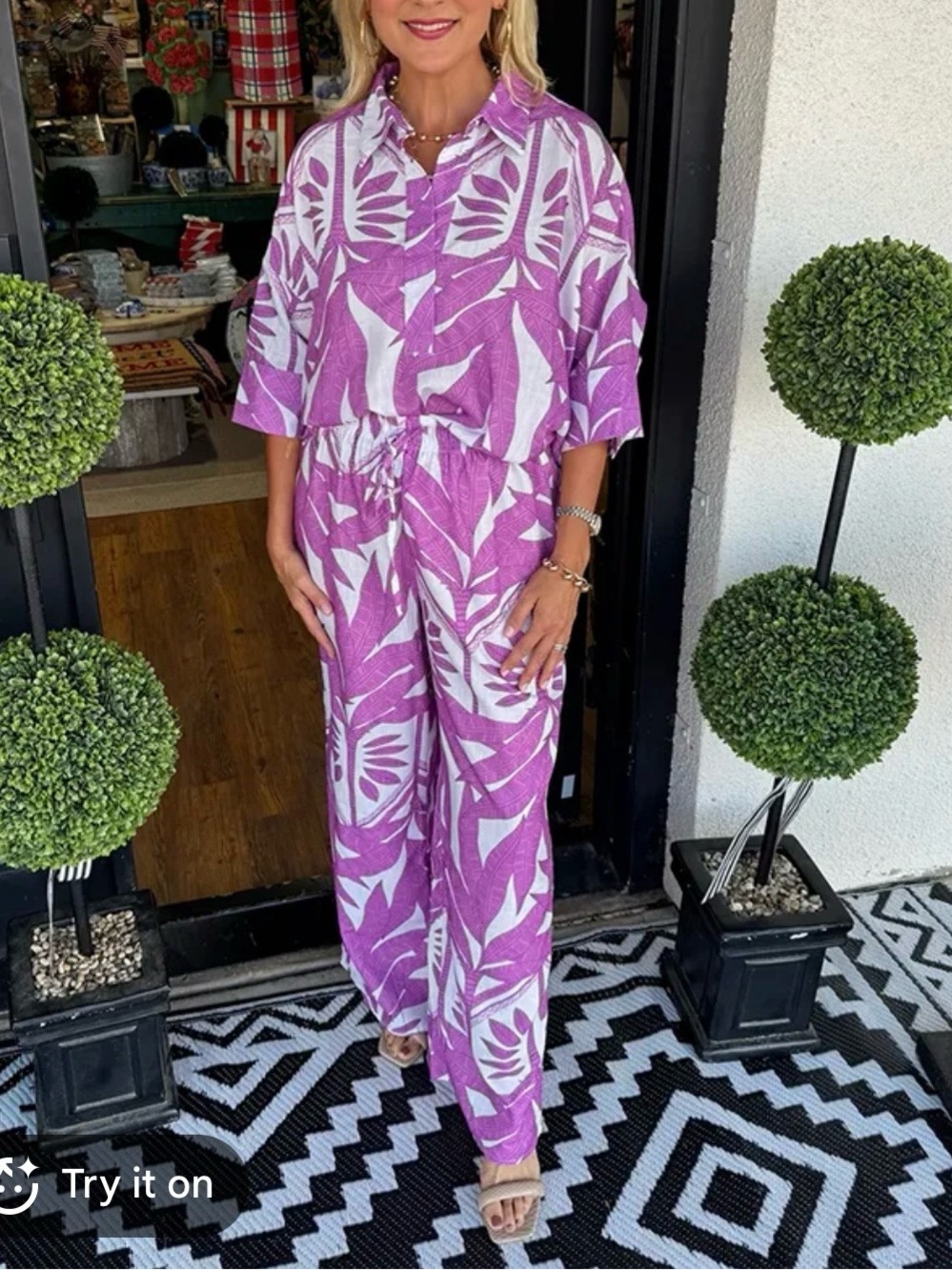 Set White and Purple Leaf-Print Women's Button-Up Shirt and matching pant